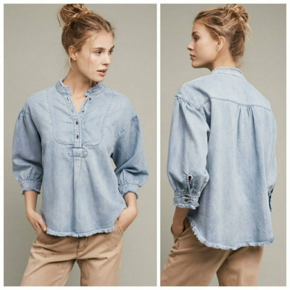 Anthropologie Holding Horses Denim Popover Blouse